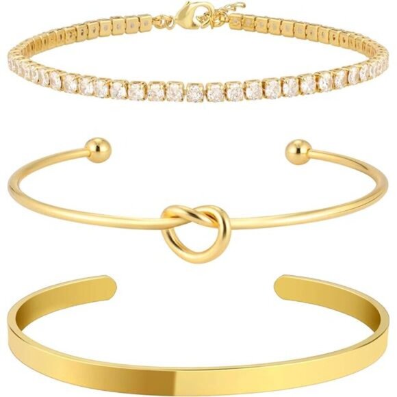 3-Piece Gold Bracelet Set – Dainty Crystal Tennis Bracelet, Love Knot Bangle, an - Picture 1 of 5
